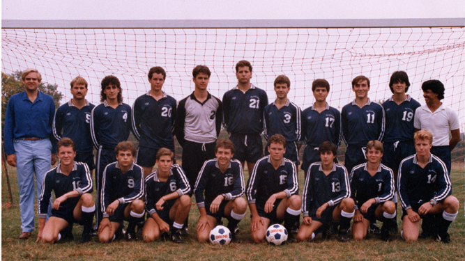 The 1986 Westminster Men's Soccer Varsity Team, the school's first in 35 years. Head Coach Kamal Houari, who helped the rebirth of the program, pictured top-far right.